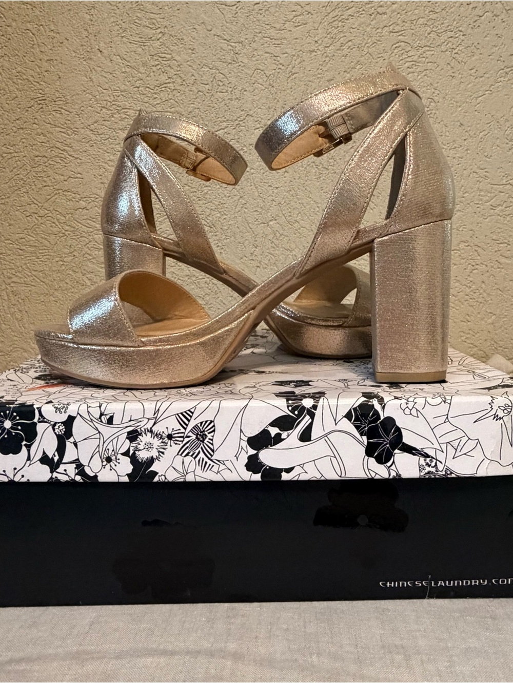 Chinese Laundry Gold Metallic Block Heel Ankle-Strap Sandals
